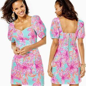 NWT Lilly Pulitzer Lunetta Short Sleeve Stretch Dress Surf Blue Bonita Blooms